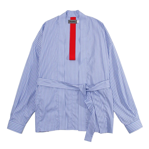 Beautilities 8-Pocket Kimono Shirt Aqua Blue Stripes