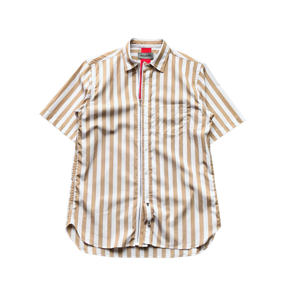 Beautilities Utility Zip Short Sleeve Shirt Wide Brown Stripe