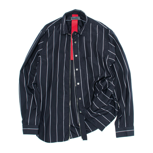 Beautilities Utility Zip Shirt Black x Thin White Blue Brown Stripes